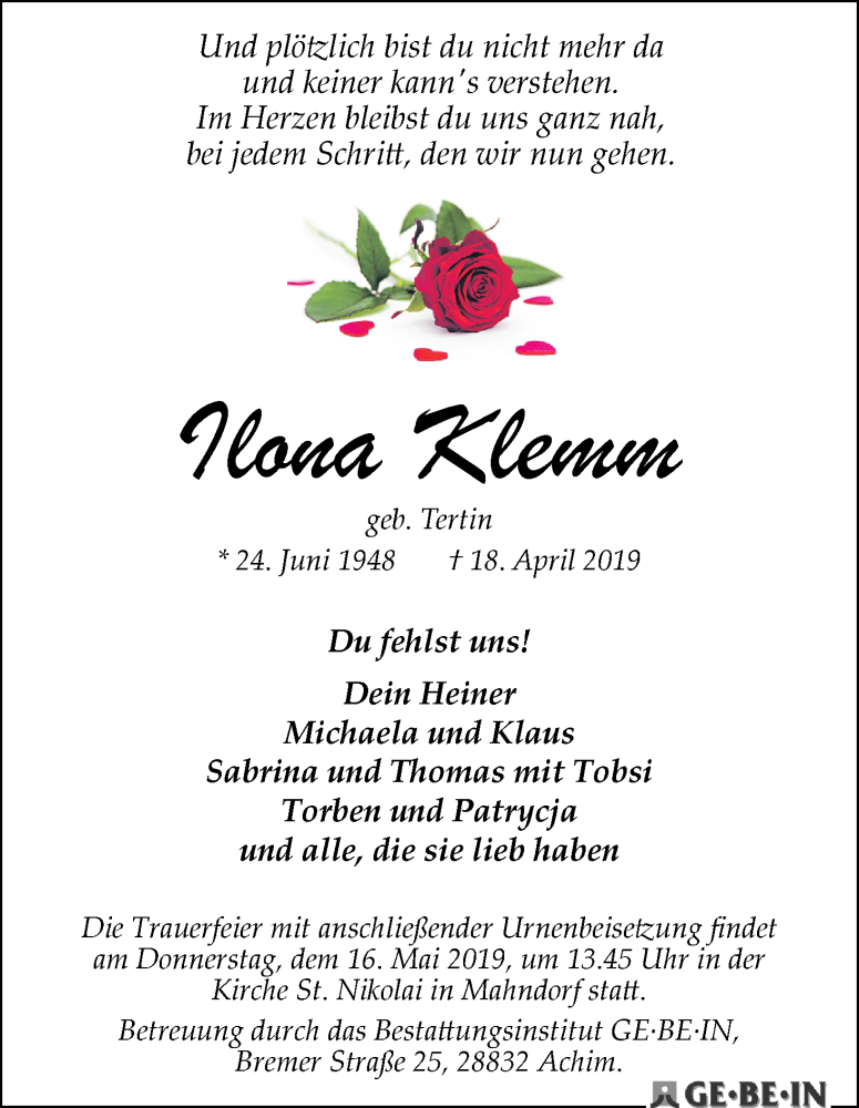 Traueranzeige von Ilona Klemm von WESER-KURIER