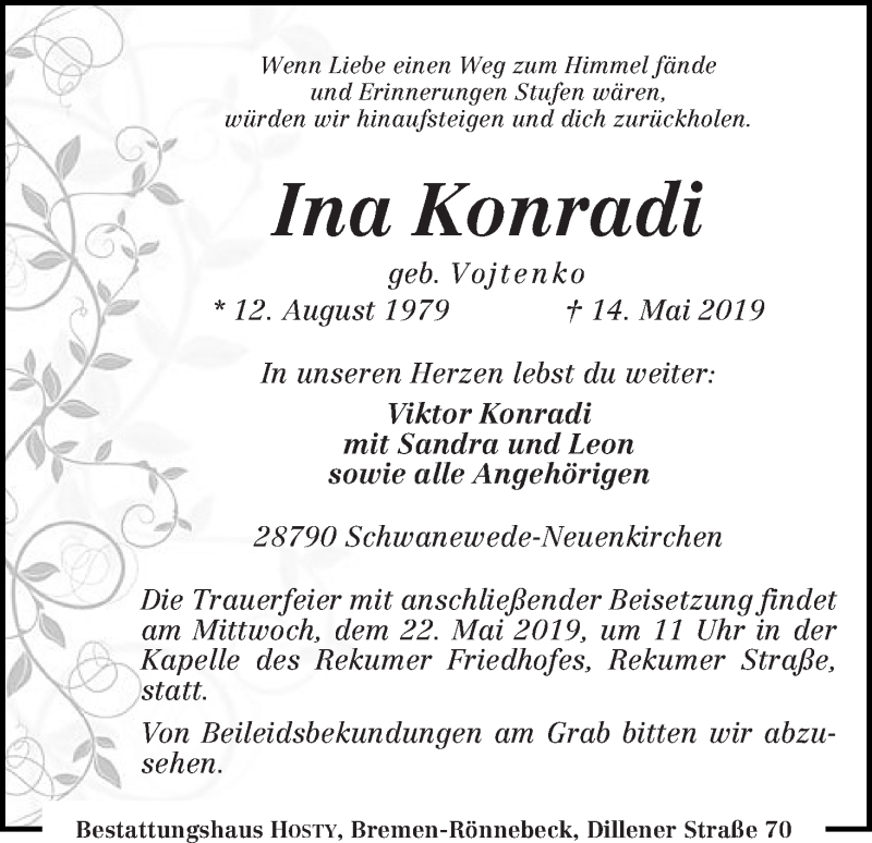 Traueranzeige von Ina Konradi von Die Norddeutsche