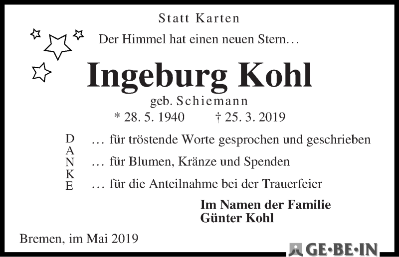 Traueranzeige von Ingeburg Kohl von WESER-KURIER