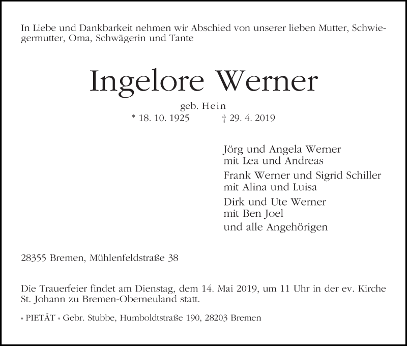 Traueranzeige von Ingelore Werner von WESER-KURIER