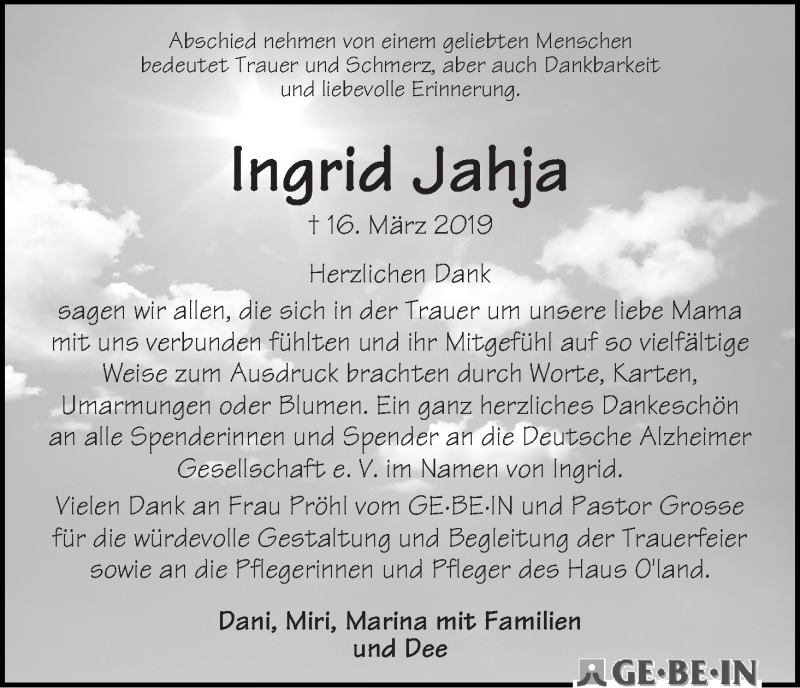 Traueranzeige von Ingrid Jahja von WESER-KURIER