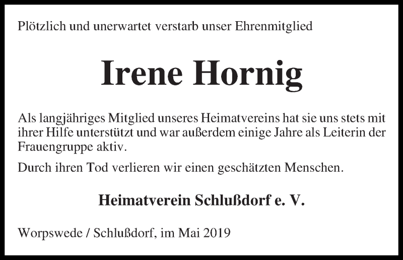 Traueranzeige von Irene Hornig von Wuemme Zeitung