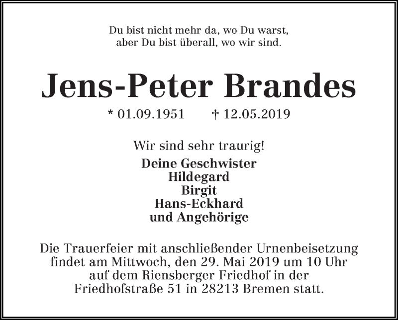 Traueranzeige von Jens-Peter Brandes von WESER-KURIER