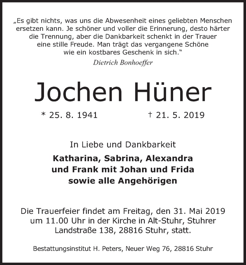 Traueranzeige von Jochen Hüner von WESER-KURIER