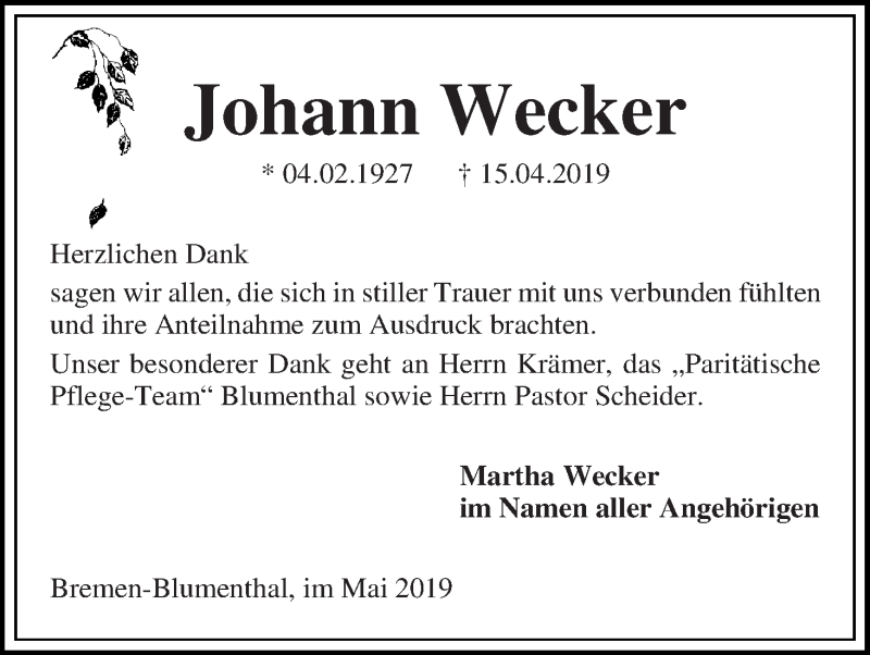 Traueranzeige von Johann Wecker von Die Norddeutsche