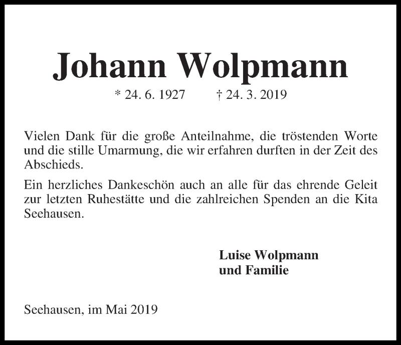 Traueranzeige von Johann Wolpmann von WESER-KURIER