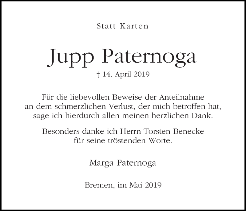 Traueranzeige von Jupp Paternoga von WESER-KURIER