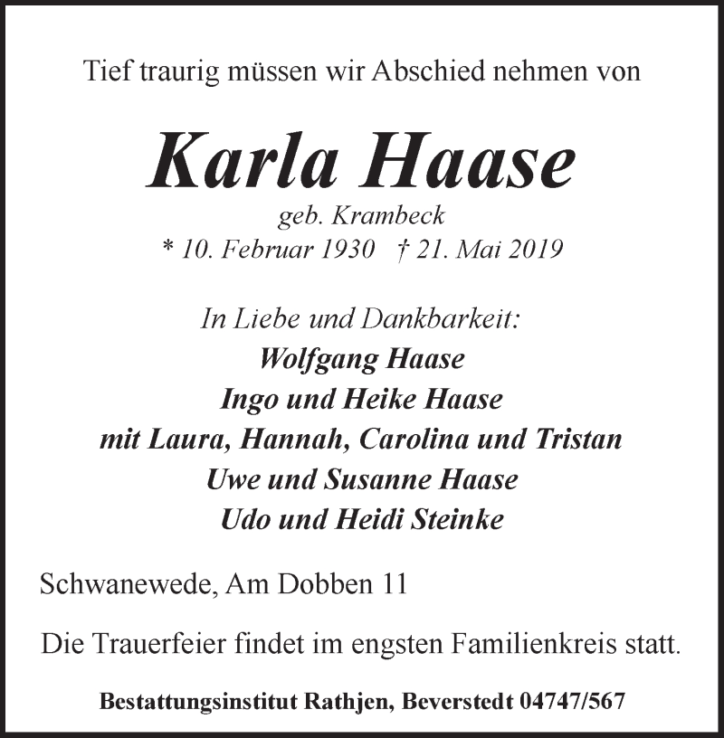 Traueranzeige von Karla Haase von Die Norddeutsche