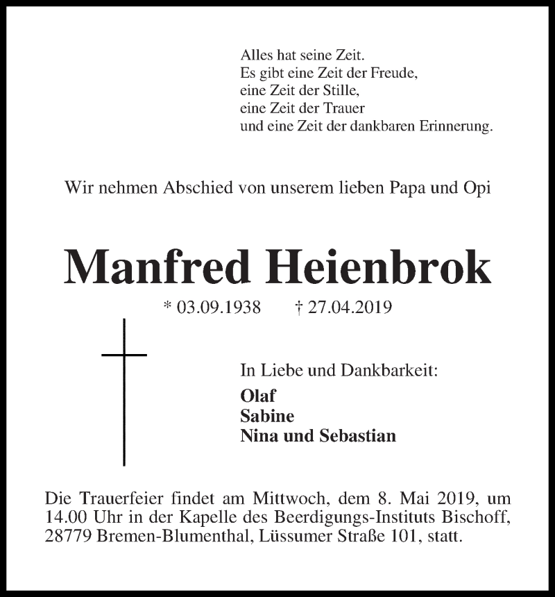 Traueranzeige von Manfred Heienbrock von Die Norddeutsche