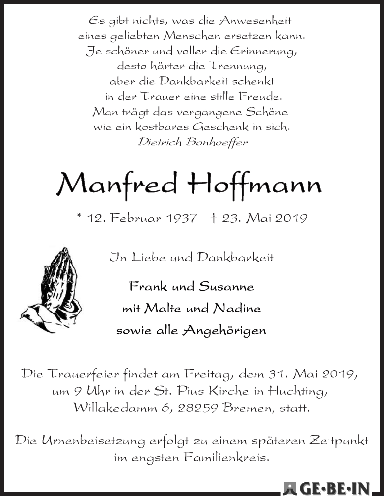 Traueranzeige von Manfred Hoffman von WESER-KURIER