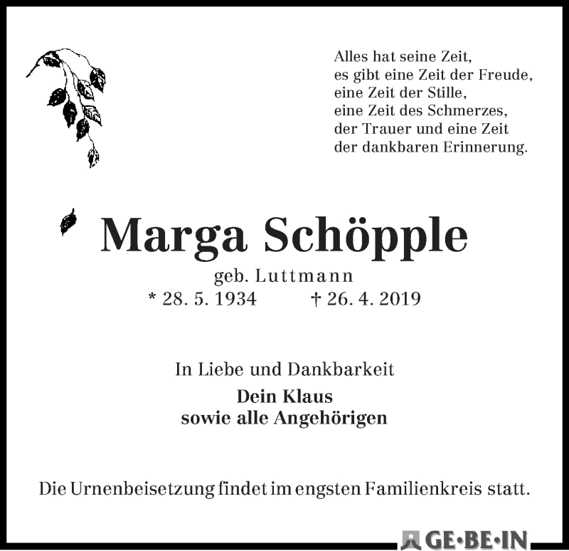 Traueranzeige von Marga Schöpple von WESER-KURIER
