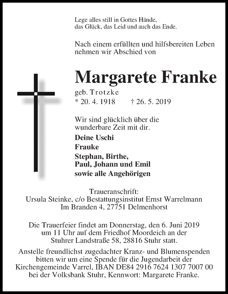 Traueranzeige von Margarete Franke von WESER-KURIER