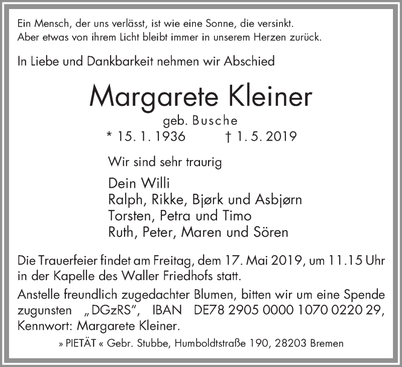 Traueranzeige von Margarete Kleiner von WESER-KURIER