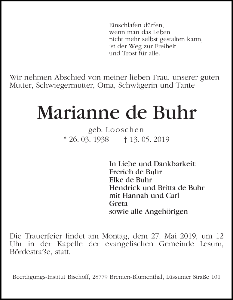 Traueranzeige von Marianne De Buhr von WESER-KURIER