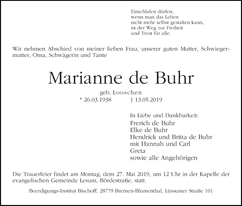 Traueranzeige von Marianne De Buhr von Die Norddeutsche