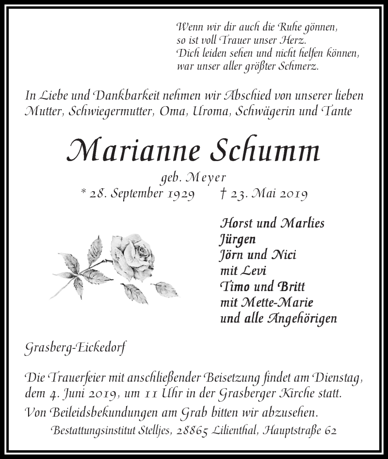 Traueranzeige von Marianne Schumm von Wuemme Zeitung