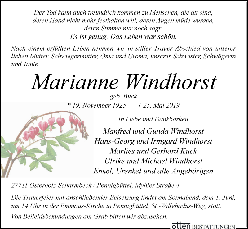 Traueranzeige von Marianne Windhorst von Osterholzer Kreisblatt