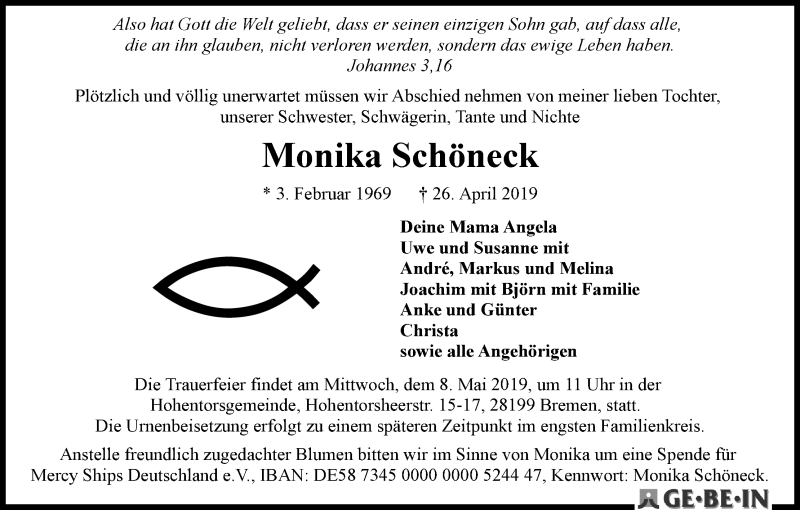 Traueranzeige von Monika Schöneck von WESER-KURIER