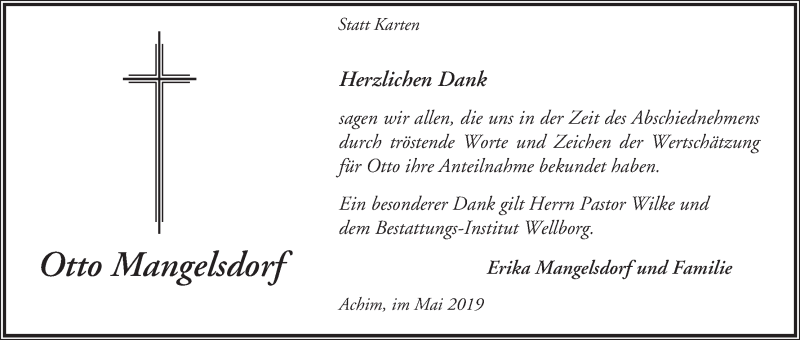 Traueranzeige von Otto Mangelsdorf von Achimer Kurier/Verdener Nachrichten