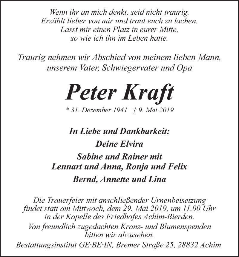 Traueranzeige von Peter Kraft von Achimer Kurier/Verdener Nachrichten