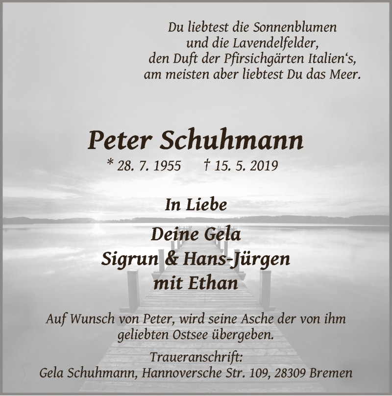 Traueranzeige von Peter Schuhmann von WESER-KURIER
