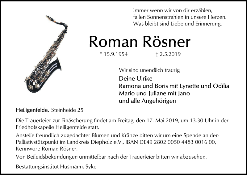 Traueranzeige von Roman Rösner von Regionale Rundschau/Syker Kurier