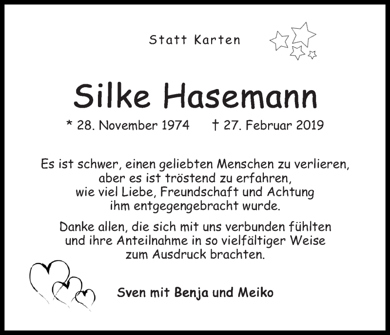 Traueranzeige von Silke Hasemann von WESER-KURIER