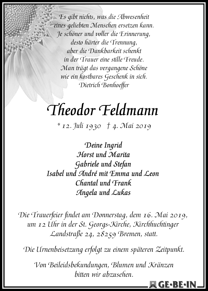 Traueranzeige von Theodor Feldmann von WESER-KURIER