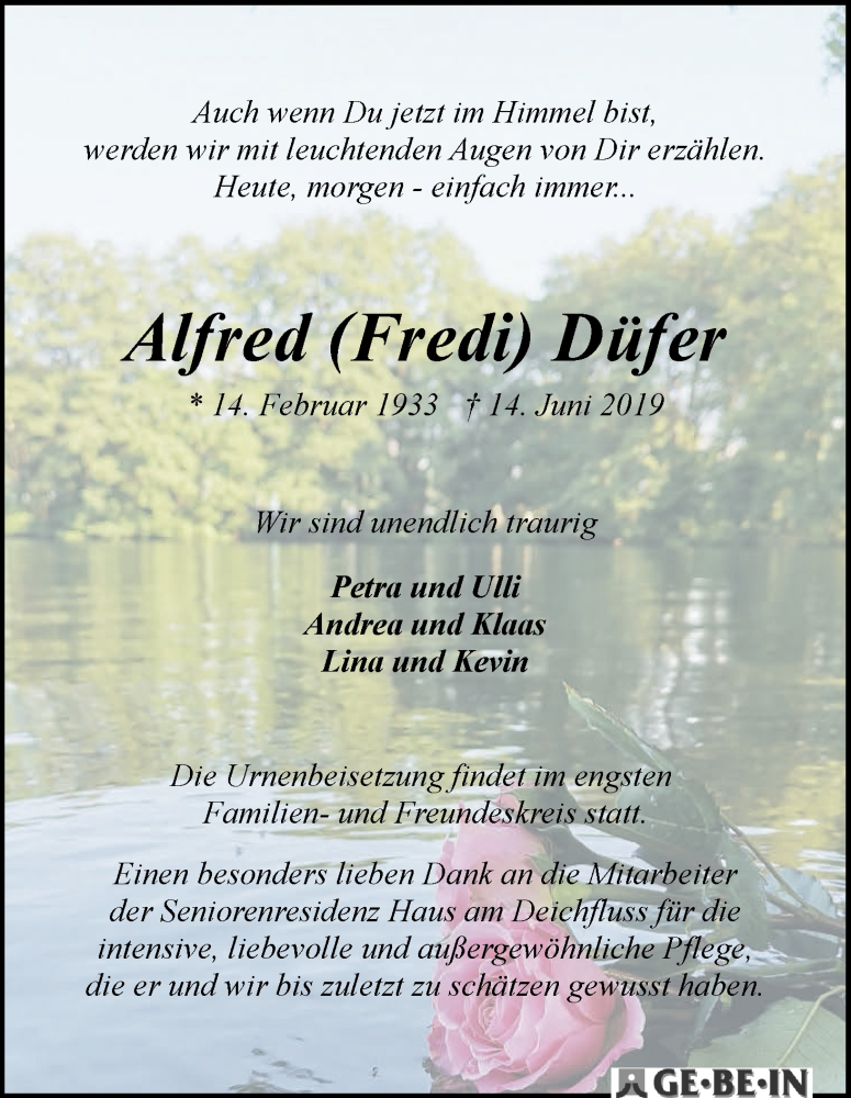 Traueranzeige von Alfred (Fredi) Düfer von WESER-KURIER