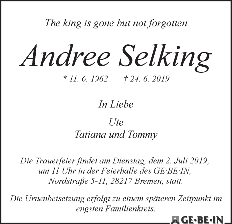 Traueranzeige von Andree Selking von WESER-KURIER