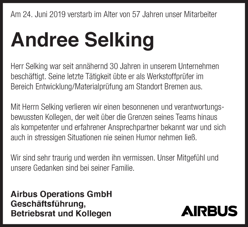 Traueranzeige von Andree Selking von WESER-KURIER