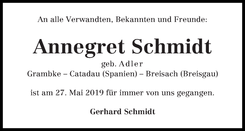 Traueranzeige von Annegret Schmidt von Die Norddeutsche