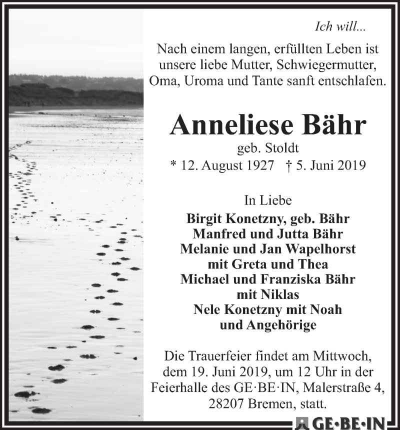 Traueranzeige von Anneliese Bähr von WESER-KURIER