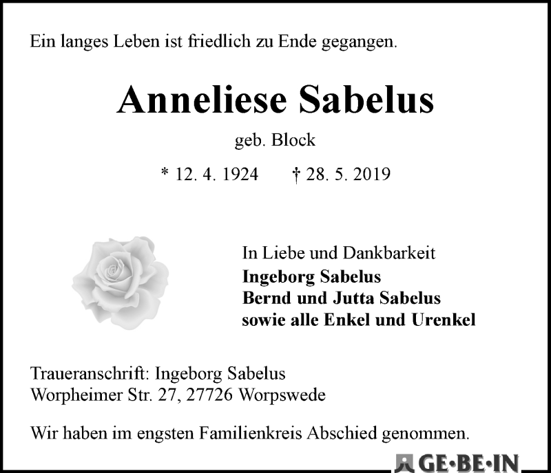 Traueranzeige von Anneliese Sabelus von WESER-KURIER