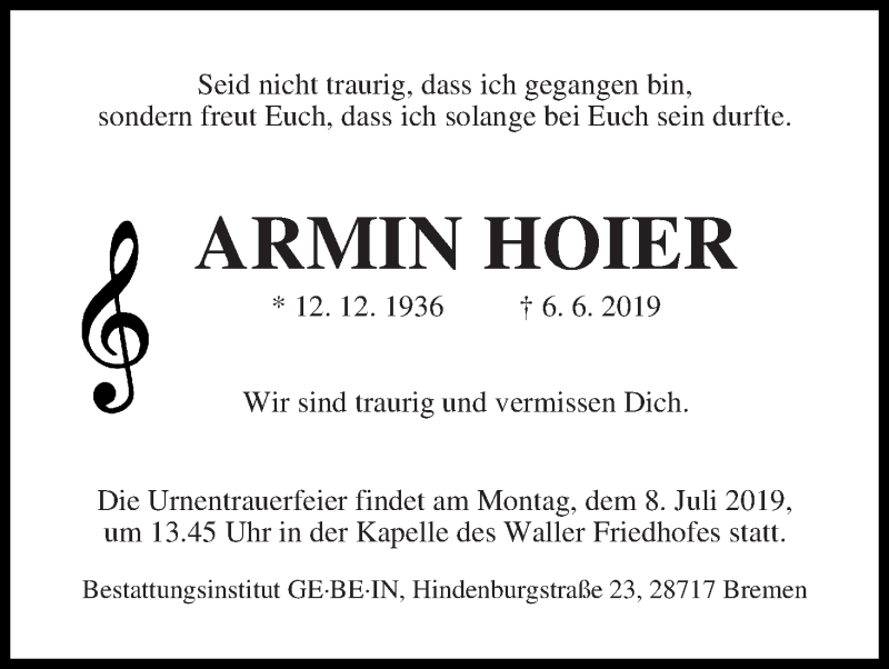 Traueranzeige von Armin Hoier von WESER-KURIER