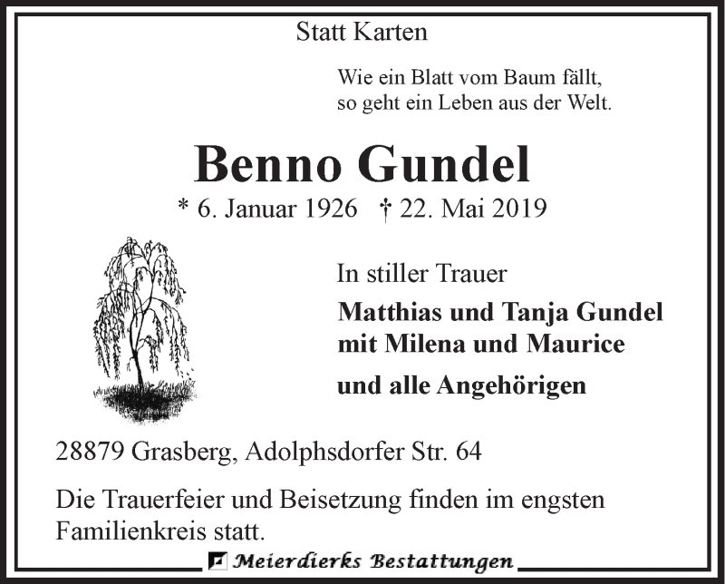 Traueranzeige von Benno Gundel von Wuemme Zeitung