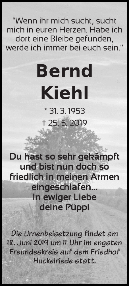 Traueranzeige von Bernd Kiehl von WESER-KURIER