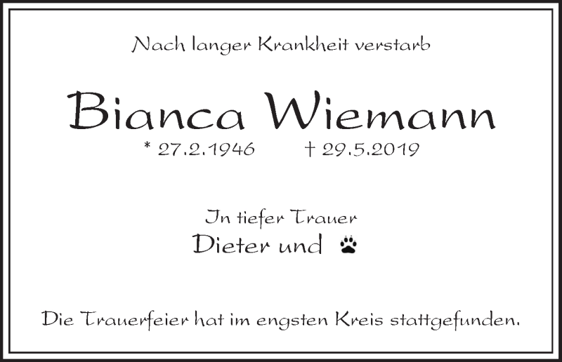 Traueranzeige von Bianca Wiemann von WESER-KURIER