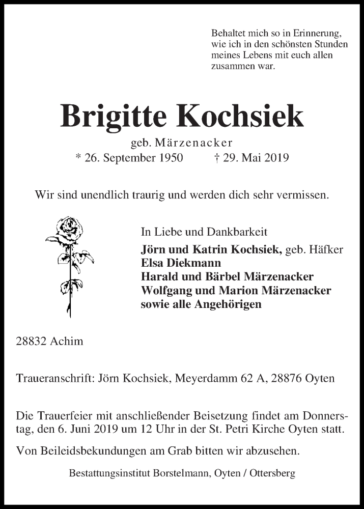Traueranzeige von Brigitte Kochsiek von WESER-KURIER