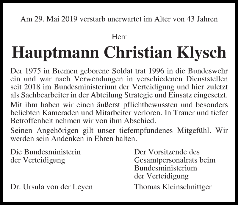 Traueranzeige von Christian Klysch von Wuemme Zeitung