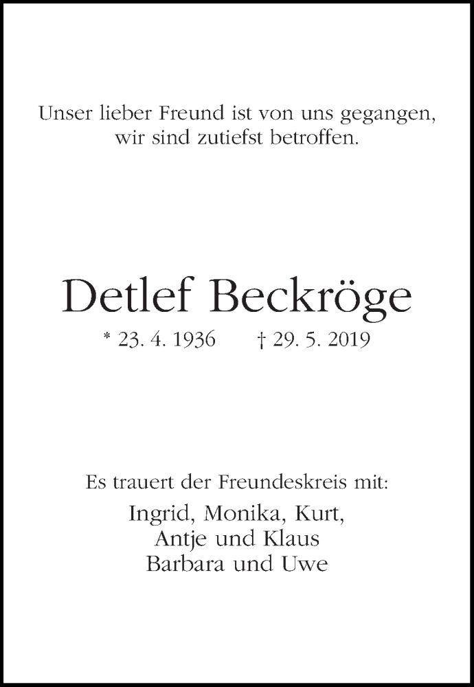 Traueranzeige von Detlef Beckröge von WESER-KURIER