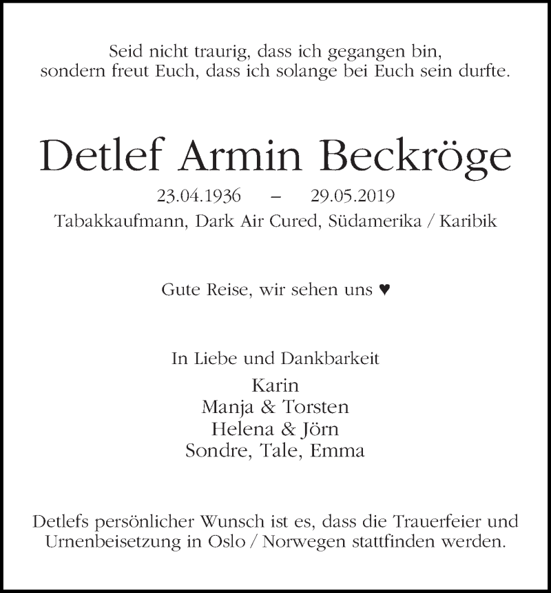Traueranzeige von Detlef Armin Beckröge von WESER-KURIER