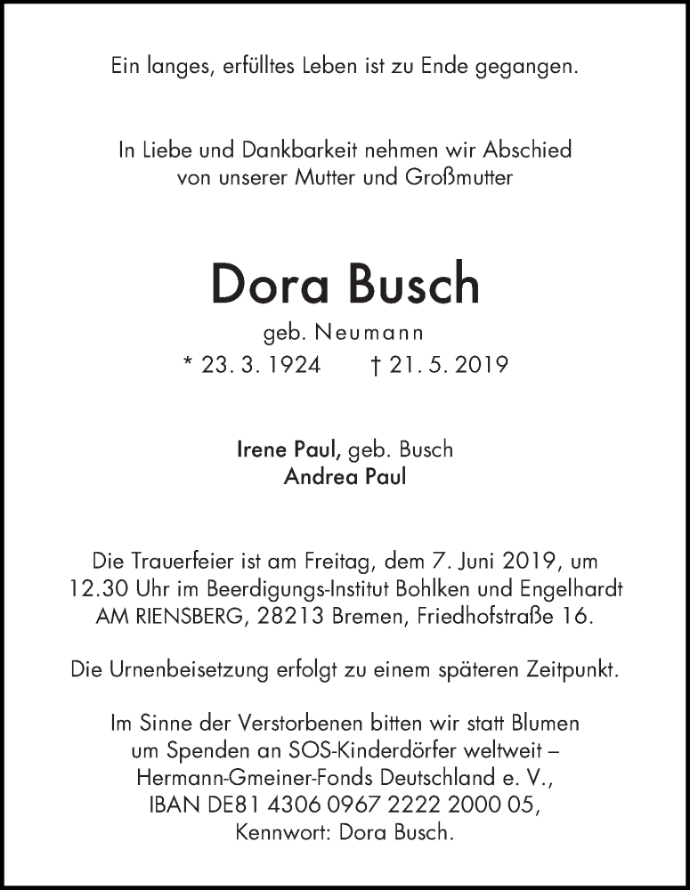 Traueranzeige von Dora Busch von WESER-KURIER