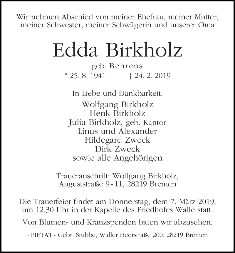 Traueranzeige von Edda Birkholz von WESER-KURIER