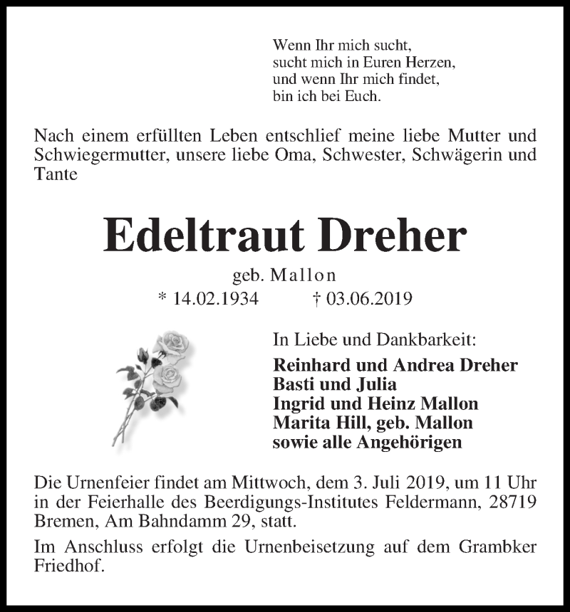 Traueranzeige von Edeltraut Dreher von WESER-KURIER