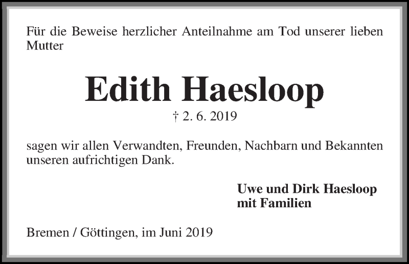 Traueranzeige von Edith Haesloop von Die Norddeutsche