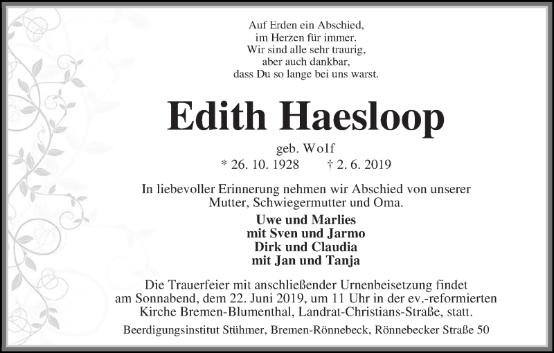 Traueranzeige von Edith Haesloop von Die Norddeutsche
