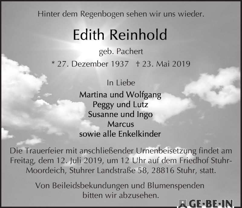 Traueranzeige von Edith Reinhold von WESER-KURIER
