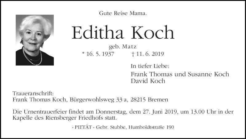 Traueranzeige von Editha Koch von WESER-KURIER