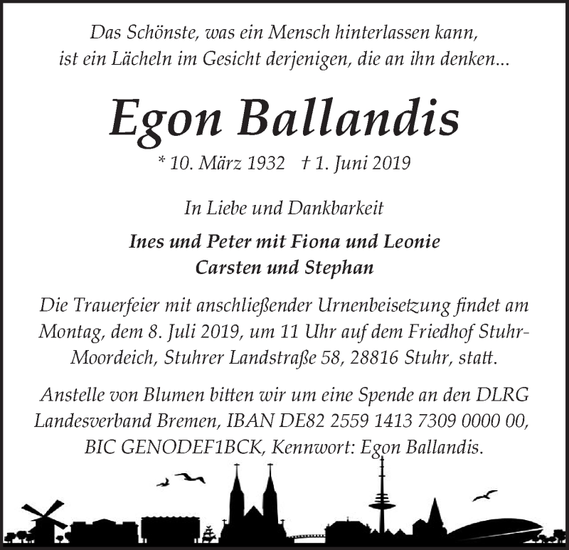 Traueranzeige von Egon Ballandis von WESER-KURIER